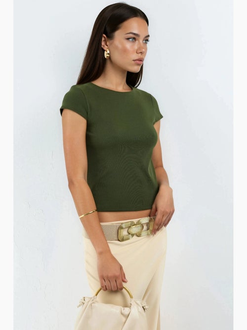 Blusa de mezcla de algodón con cuello redondo y manga corta busem - Kiabi Blusa de mezcla de algodón con cuello redondo y manga corta busem - Kiabi
