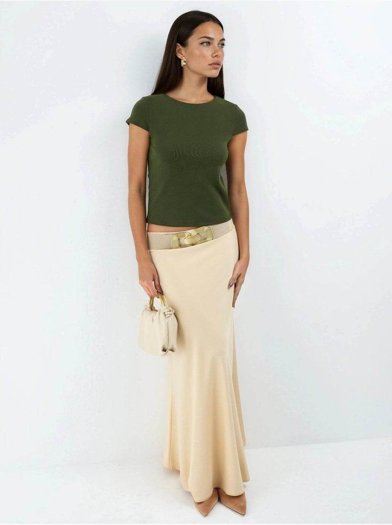Blusa de mezcla de algodón con cuello redondo y manga corta busem Caqui - Kiabi
