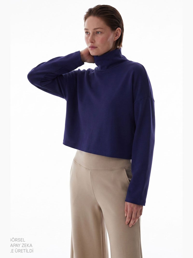 Blusa de mujer en modal con cuello alto y manga larga penti Azul marino - Kiabi