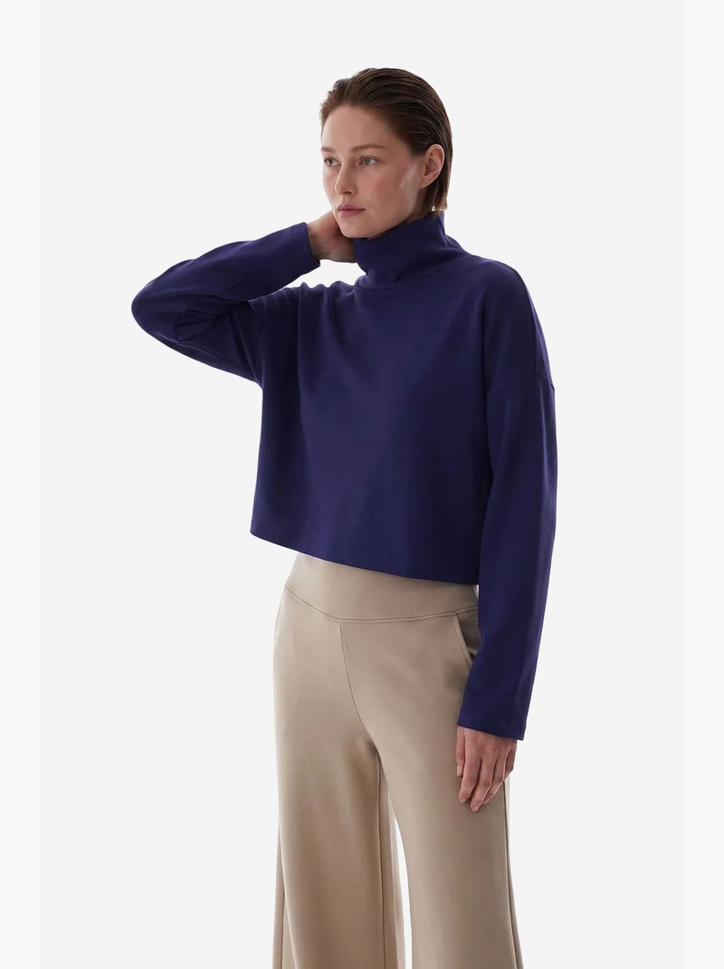 Blusa de mujer en modal con cuello alto y manga larga penti Azul marino - Kiabi