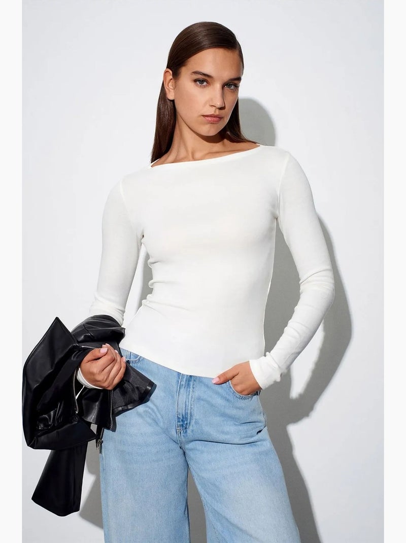 Blusa de mujer slim fit con cuello barco y manga larga dilvin Crudo - Kiabi