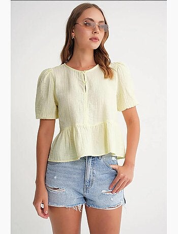 Blusa de muselina texturizada con cuello redondo y botones mixray