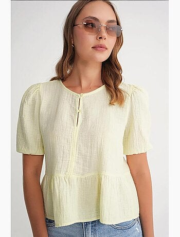 Blusa de muselina texturizada con cuello redondo y botones mixray