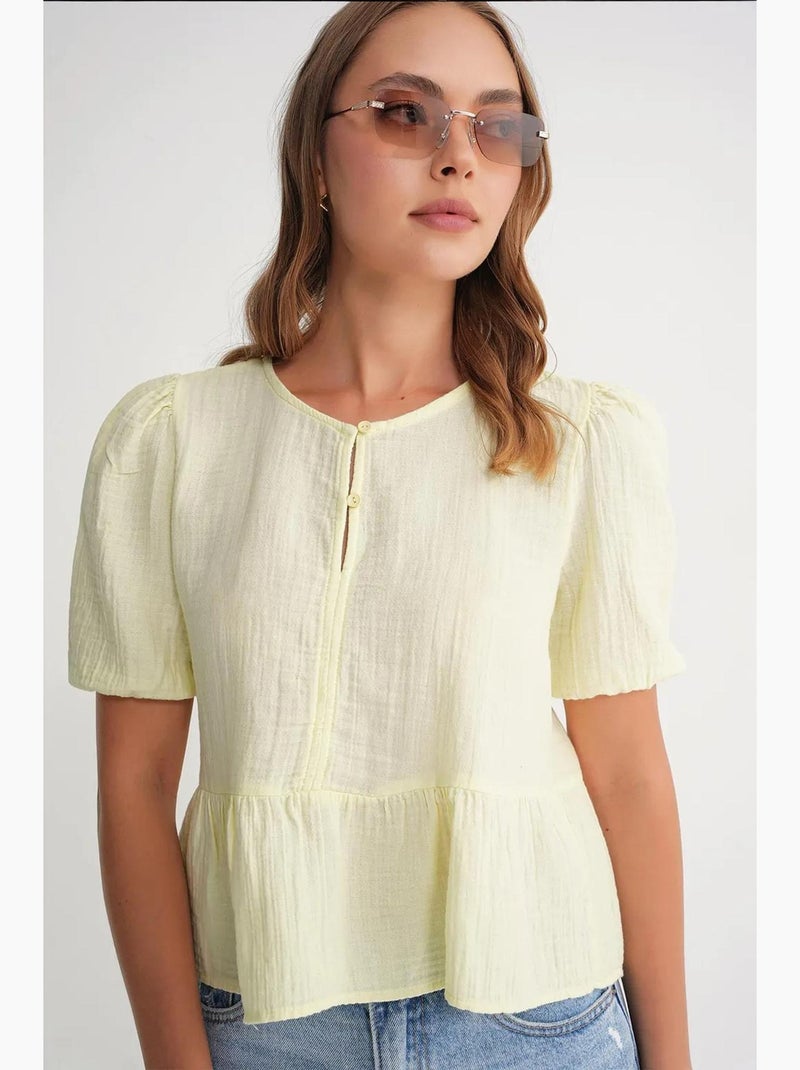 Blusa de muselina texturizada con cuello redondo y botones mixray Amarillo limón - Kiabi