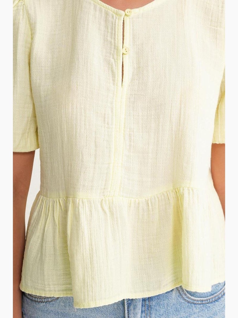 Blusa de muselina texturizada con cuello redondo y botones mixray Amarillo limón - Kiabi