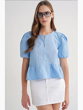Blusa de muselina texturizada con cuello redondo y botones mixray