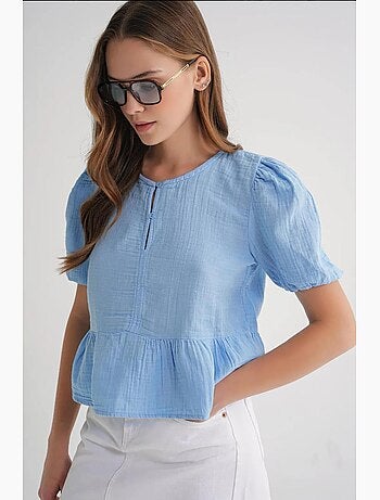 Blusa de muselina texturizada con cuello redondo y botones mixray