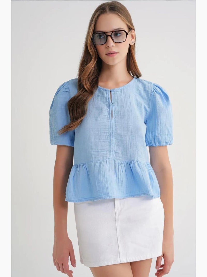 Blusa de muselina texturizada con cuello redondo y botones mixray Azul cielo - Kiabi