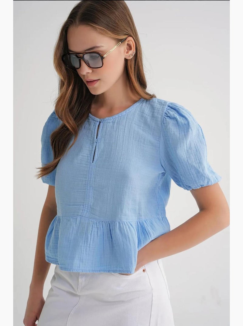 Blusa de muselina texturizada con cuello redondo y botones mixray Azul cielo - Kiabi