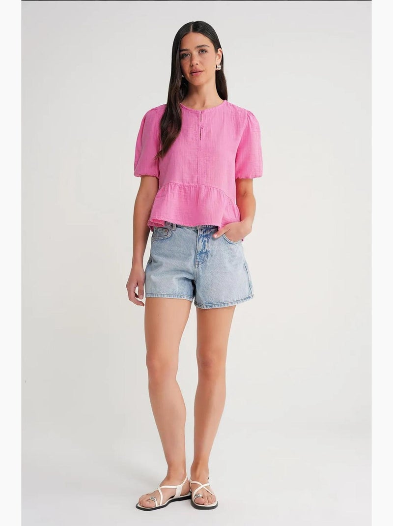 Blusa de muselina texturizada con cuello redondo y botones mixray Rosa fluo/Solinotes - Kiabi