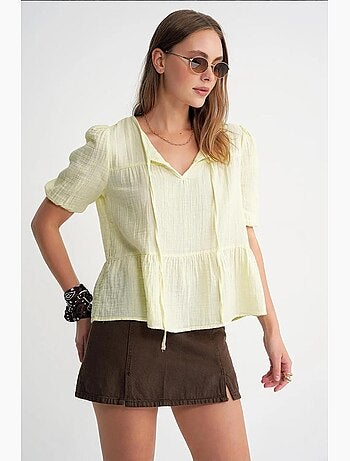 Blusa de muselina texturizada con cuello redondo y ribete mixray