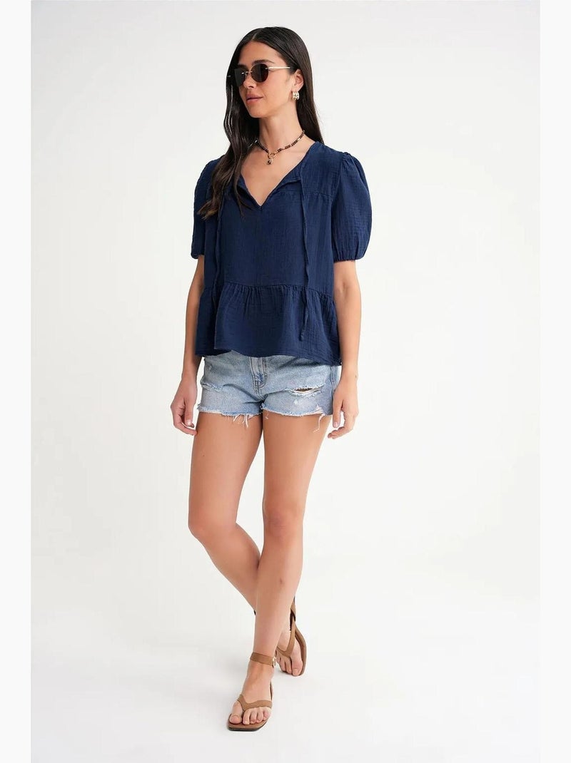 Blusa de muselina texturizada con cuello redondo y ribete mixray Azul marino - Kiabi