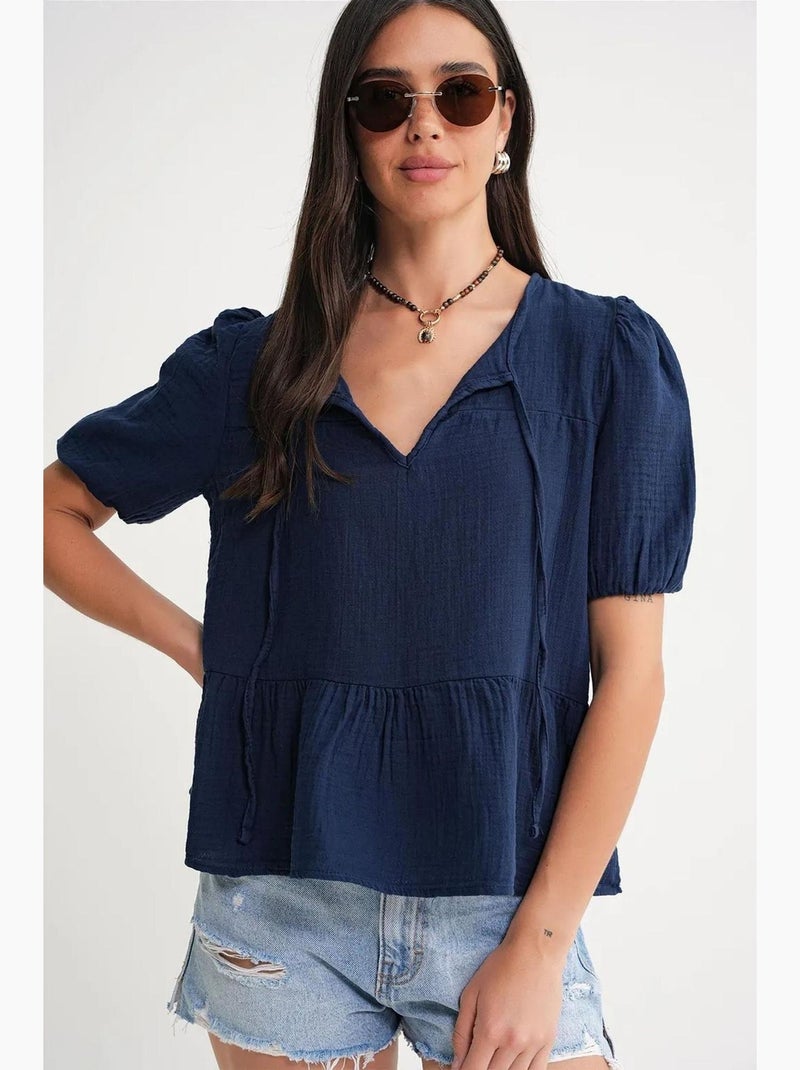 Blusa de muselina texturizada con cuello redondo y ribete mixray Azul marino - Kiabi