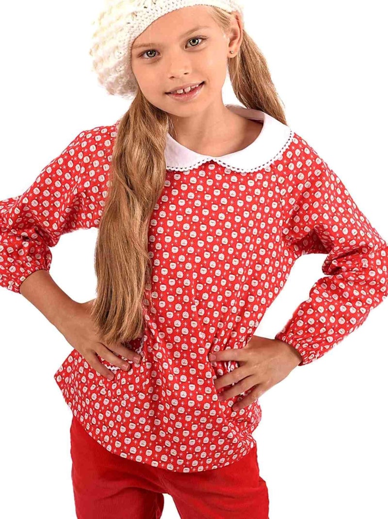 Blusa de Navidad Niña | Roja y Blanca | Cuello Peter Pan Rojo - Kiabi