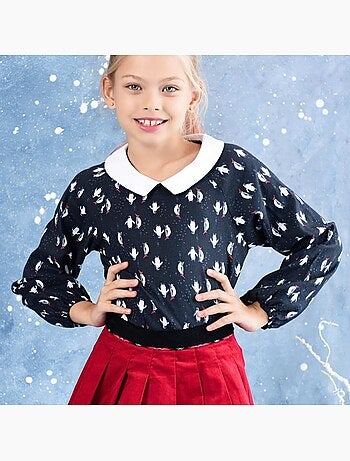 Blusa de Navidad para Niña | Estampado Fantasía Pingüino | Cuello CLAUDINE