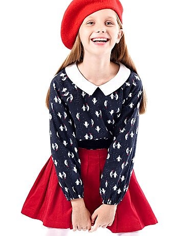 Blusa de Navidad para Niña | Estampado Fantasía Pingüino | Cuello CLAUDINE
