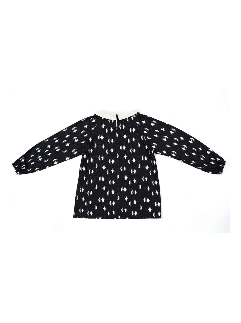 Blusa de Navidad para Niña | Estampado Fantasía Pingüino | Cuello CLAUDINE Rojo - Kiabi