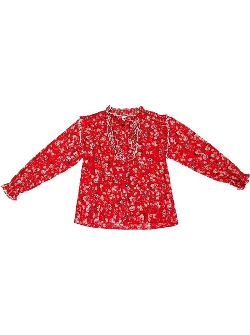 Blusa de Navidad para Niña | Estampado Floral Rojo | Cuello con Volantes | LILI ROSE Rojo - Kiabi