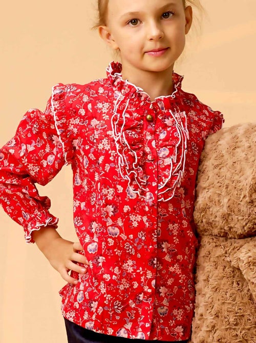 Blusa de Navidad para Niña | Estampado Floral Rojo | Cuello con Volantes | LILI ROSE - Kiabi