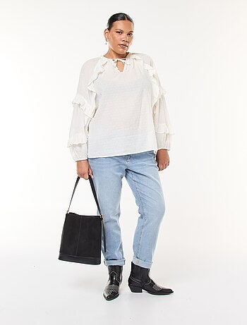 Blusa de plumeti con volantes y lazos para anudar al cuello