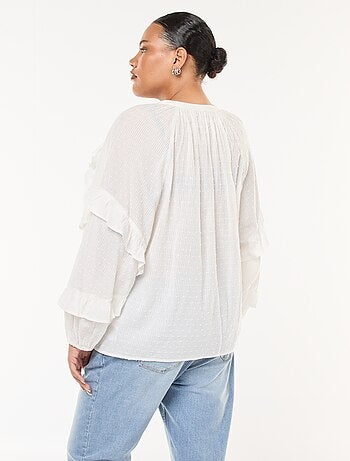 Blusa de plumeti con volantes y lazos para anudar al cuello