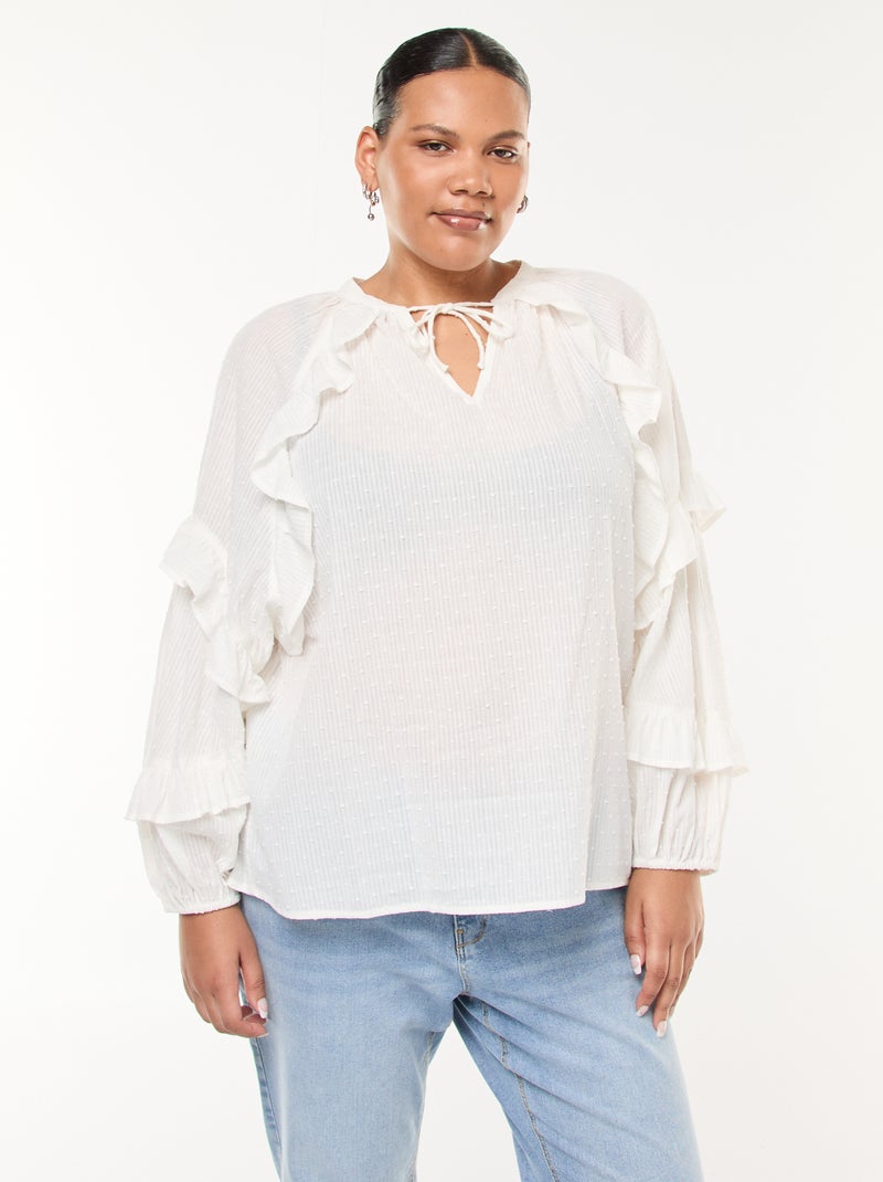 Blusa de plumeti con volante y lazos para anudar al cuello Blanco - Kiabi