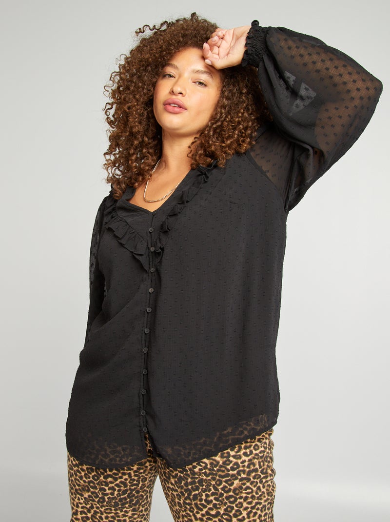 Blusa de plumeti con volantes negro - Kiabi
