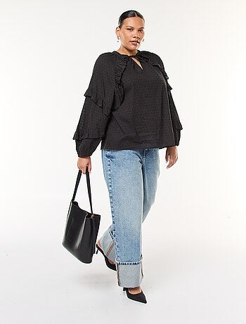 Blusa de plumeti con volantes y lazos para anudar al cuello
