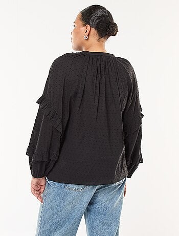 Blusa de plumeti con volantes y lazos para anudar al cuello
