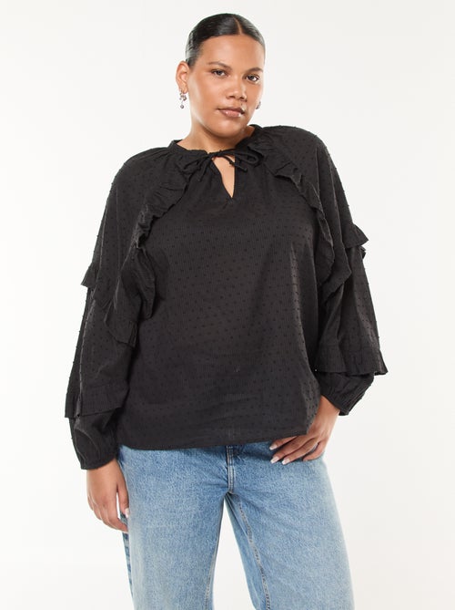 Blusa de plumeti con volantes y lazos para anudar al cuello - Kiabi