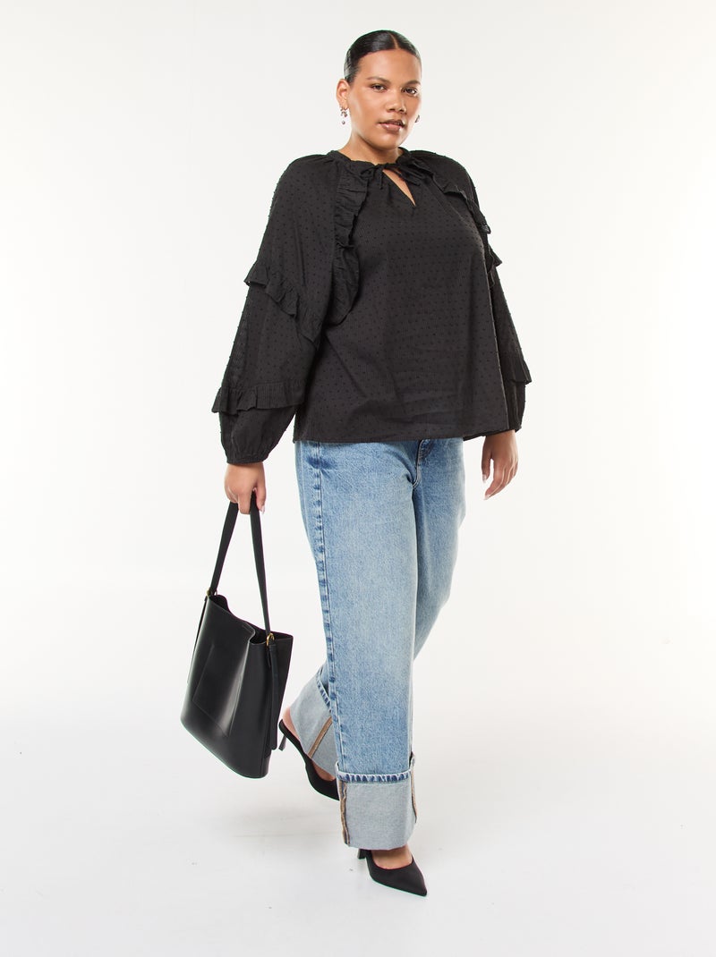 Blusa de plumeti con volantes y lazos para anudar al cuello Negro - Kiabi