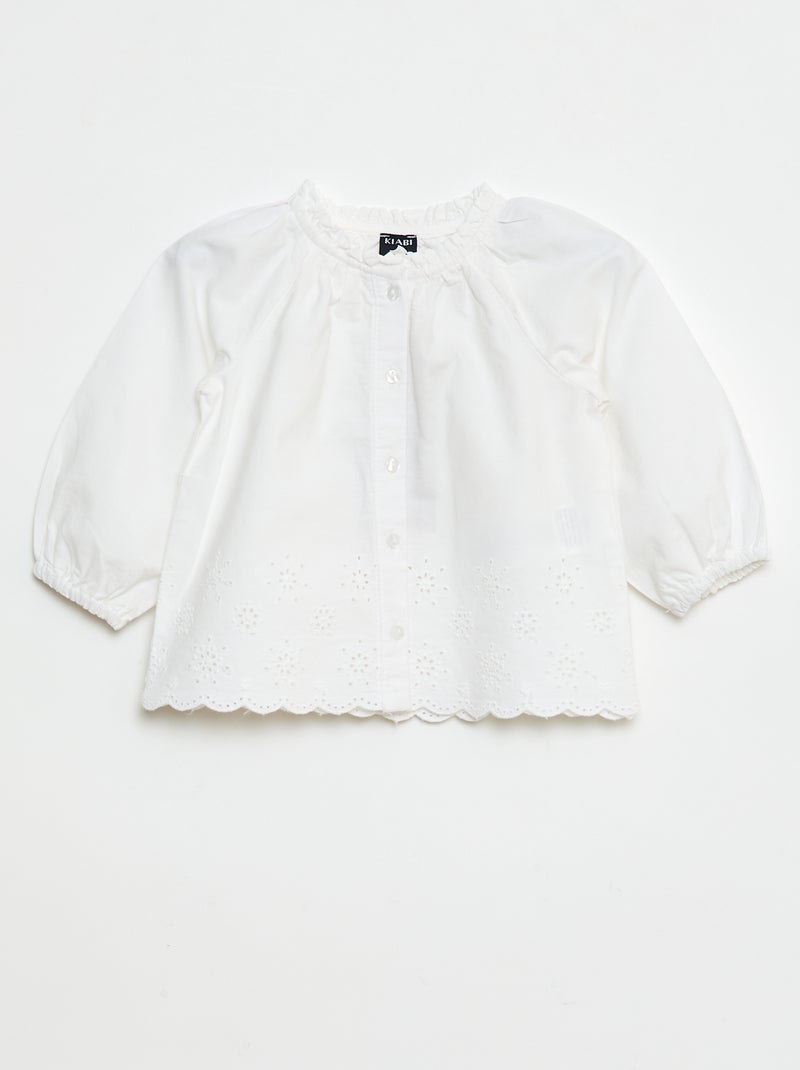 Blusa de popelina con bordados y cuello con volante Blanco - Kiabi