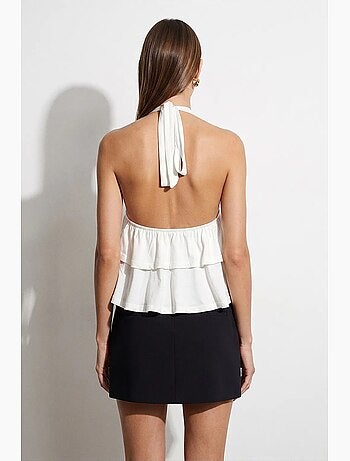 Blusa de popelina con cuello halter y detalle de volante dilvin