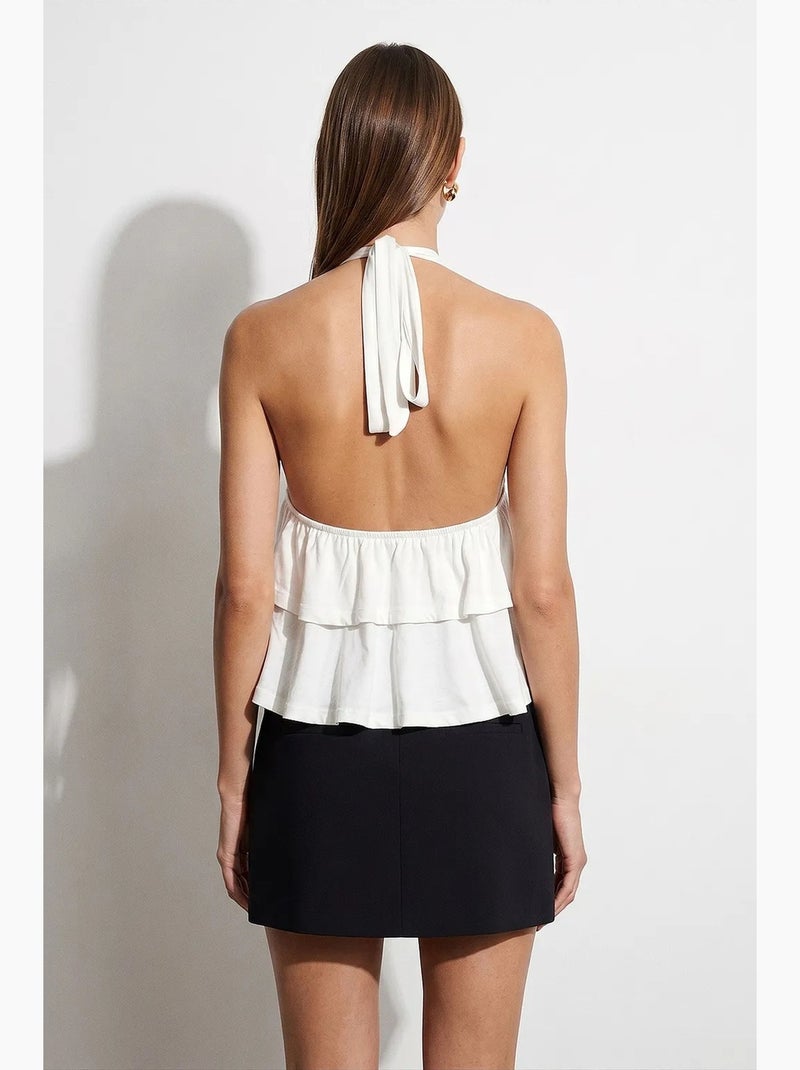 Blusa de popelina con cuello halter y detalle de volante dilvin Crudo - Kiabi