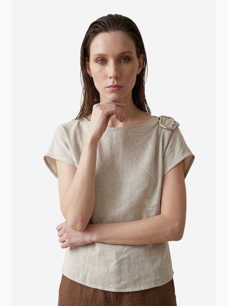 Blusa de popelina de algodón con cuello barco y lazo my fashion Beige arcilla - Kiabi