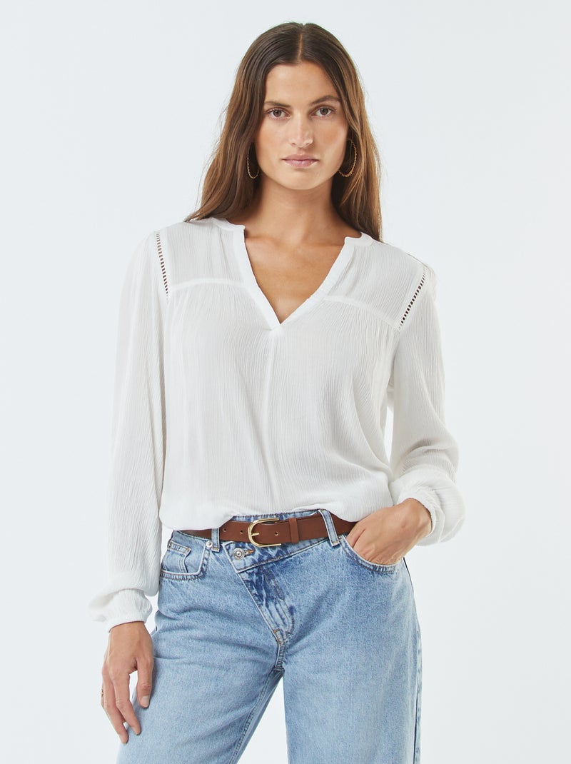 Blusa de punto de crepé con borde calado Blanco - Kiabi
