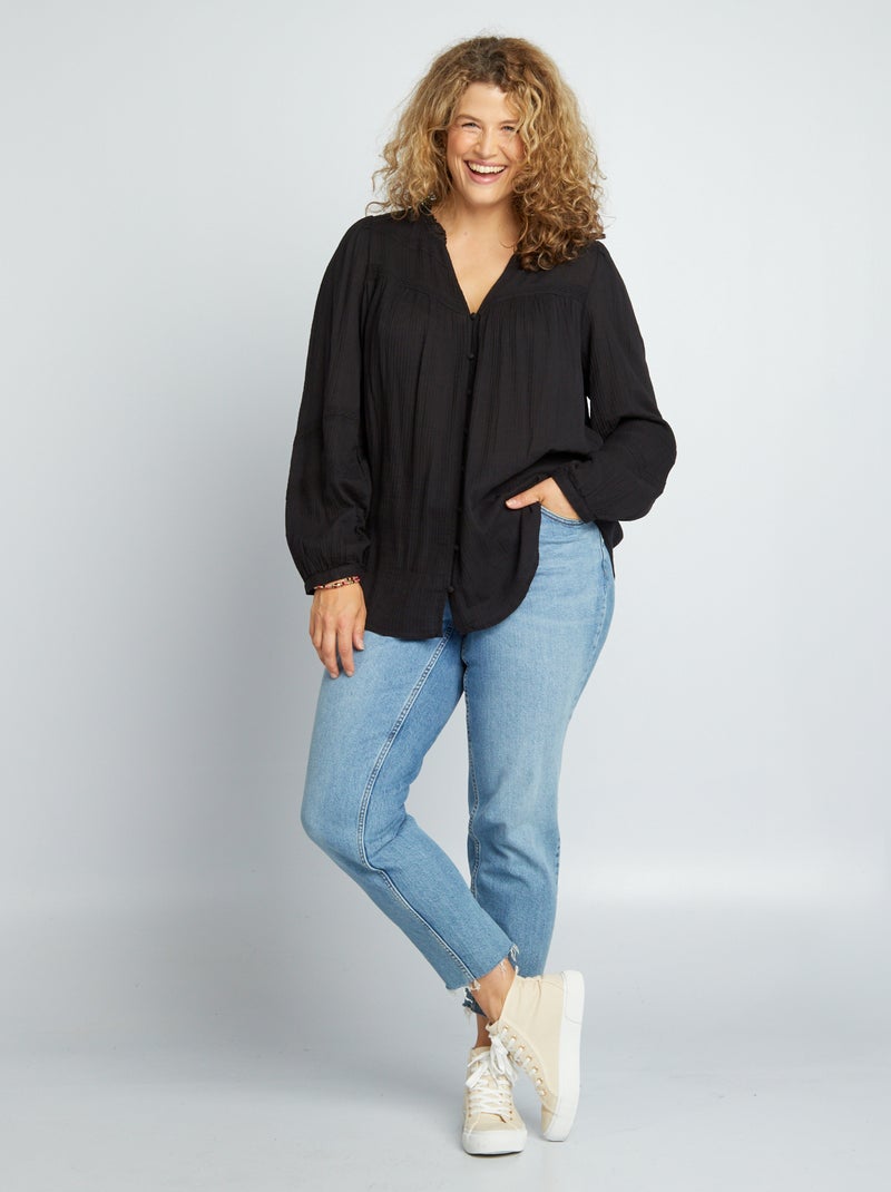 Blusa de punto de crepé con detalle de encaje NEGRO - Kiabi