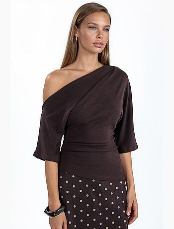 Blusa de punto de manga corta con cuello barco para mujer busem