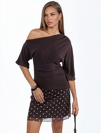 Blusa de punto de manga corta con cuello barco para mujer busem