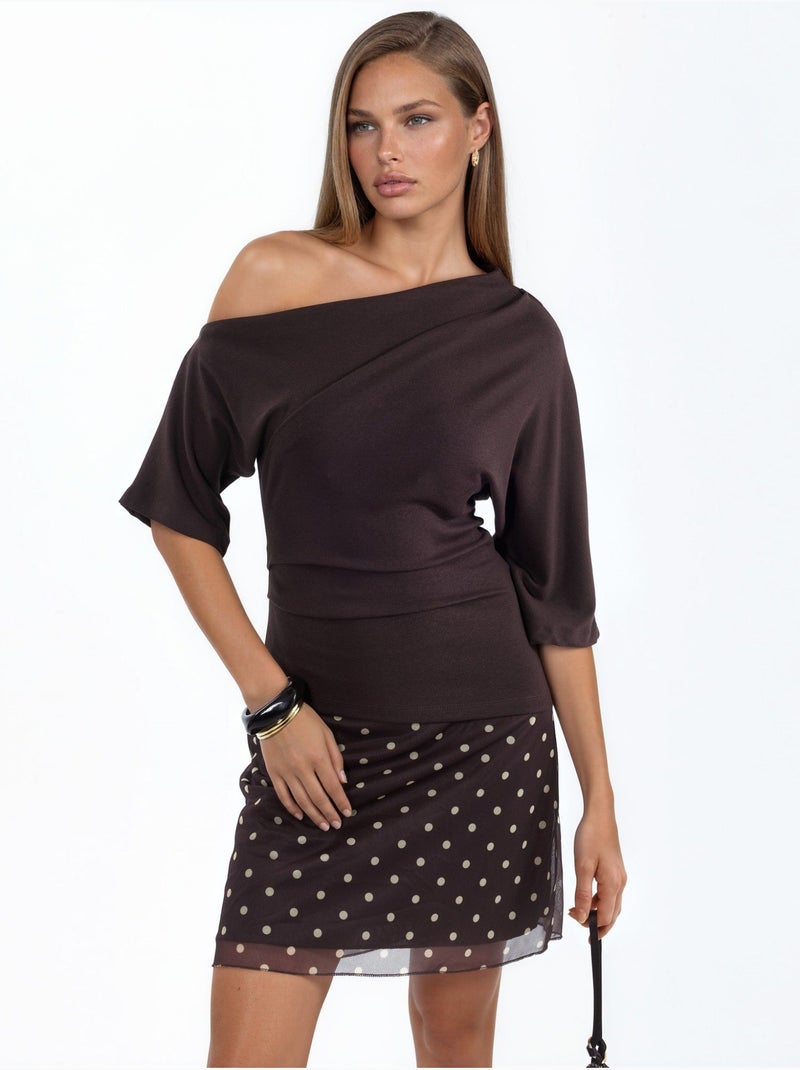 Blusa de punto de manga corta con cuello barco para mujer busem Marrón chocolate - Kiabi