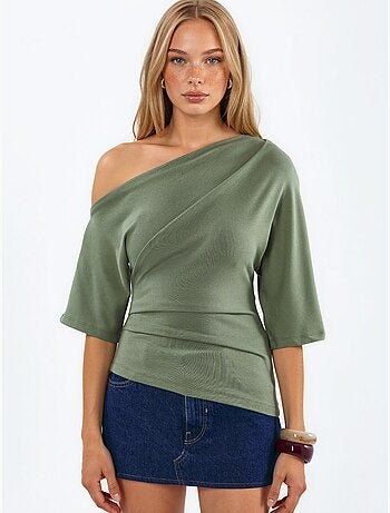 Blusa de punto de manga corta con cuello barco para mujer busem