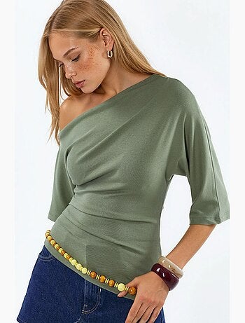 Blusa de punto de manga corta con cuello barco para mujer busem