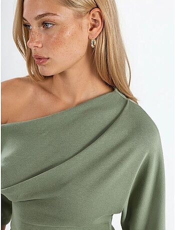 Blusa de punto de manga corta con cuello barco para mujer busem