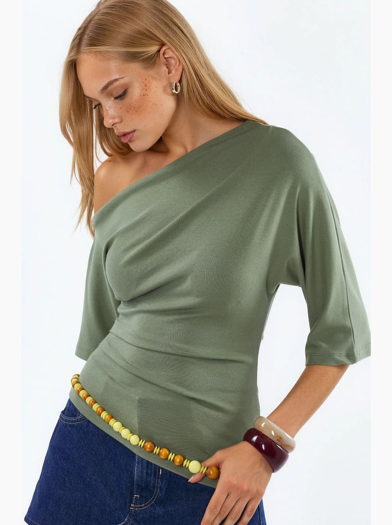 Blusa de punto de manga corta con cuello barco para mujer busem Verde - Kiabi