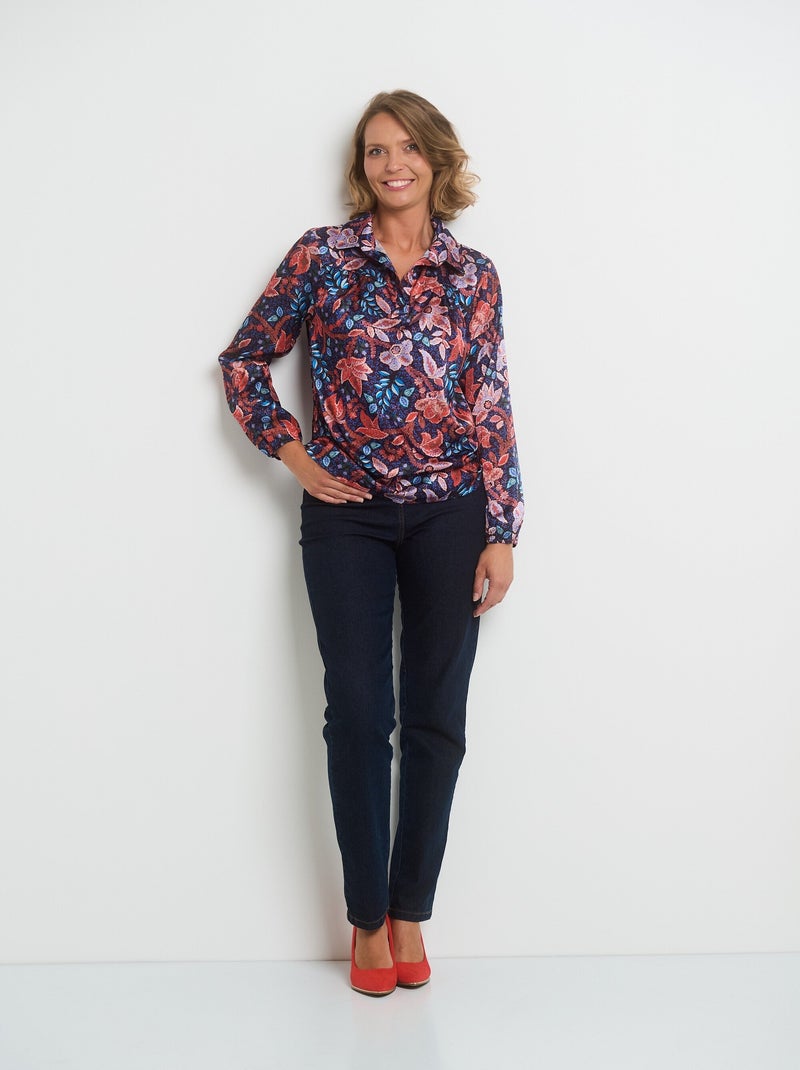 Blusa de raso con cuello de pico y mangas elásticas - AFIBEL Azul Naranja - Kiabi
