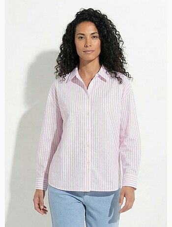 Blusa de rayas con botones delanteros, hilo teñido y mangas largas - Afibel