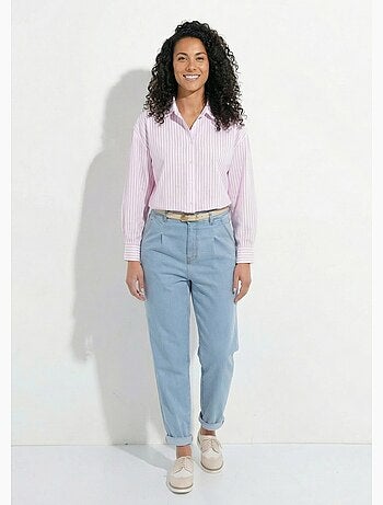 Blusa de rayas con botones delanteros, hilo teñido y mangas largas - Afibel