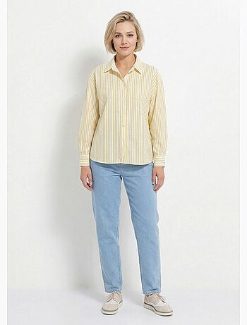 Blusa de rayas con botones delanteros, hilo teñido y mangas largas