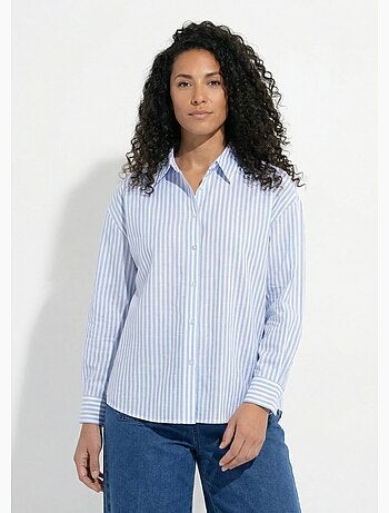 Blusa de rayas con botones delanteros, hilo teñido y mangas largas