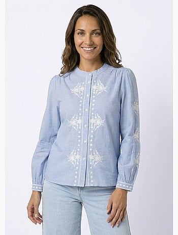 Blusa de rayas con cuello redondo y bordado - AFIBEL